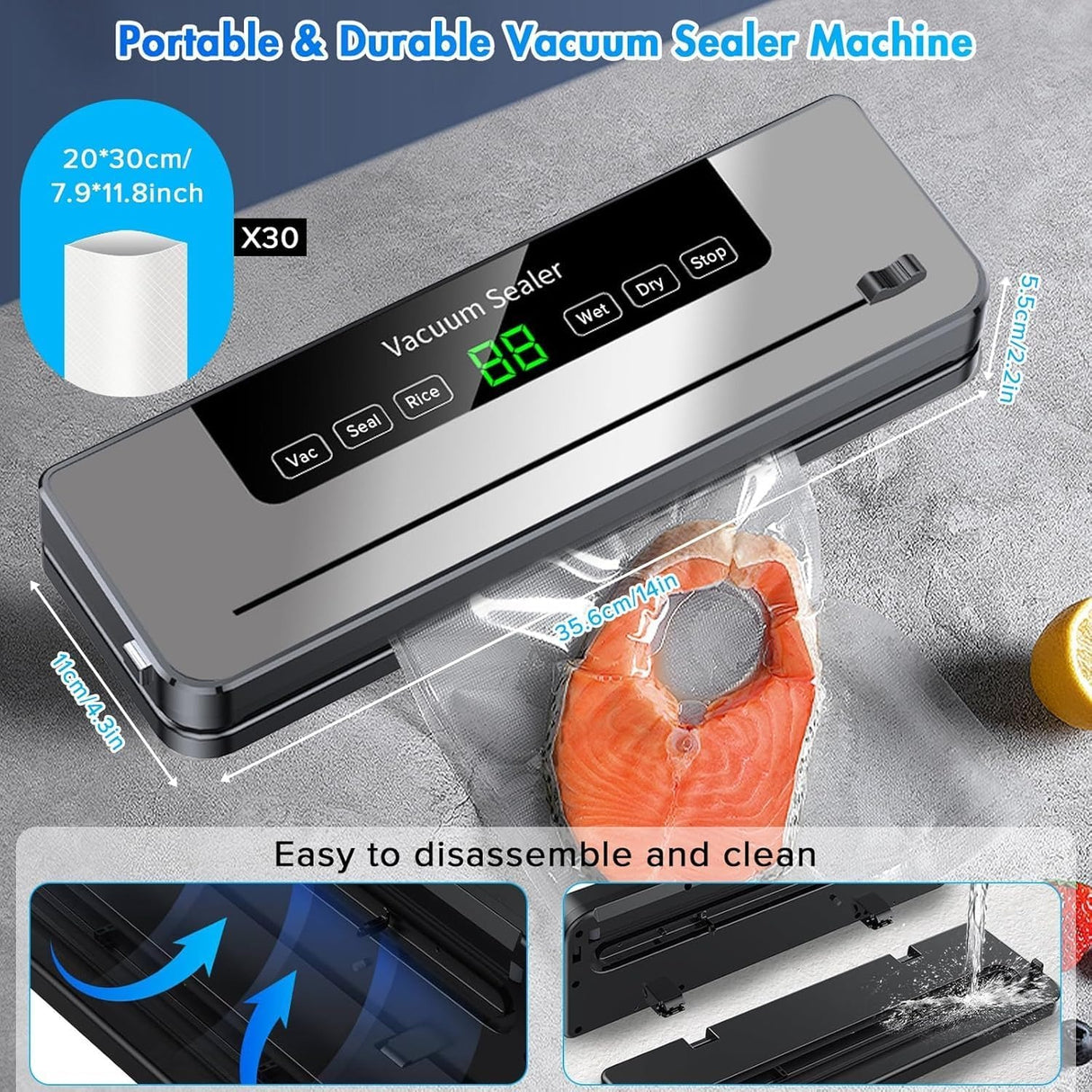 Vacuum Sealer Machine 5-in-1 Fully Automatic Food Saver with Dry/Moist Mode, LED Display & Seal Function – For Meat, Veggies, Fruits & Leftovers