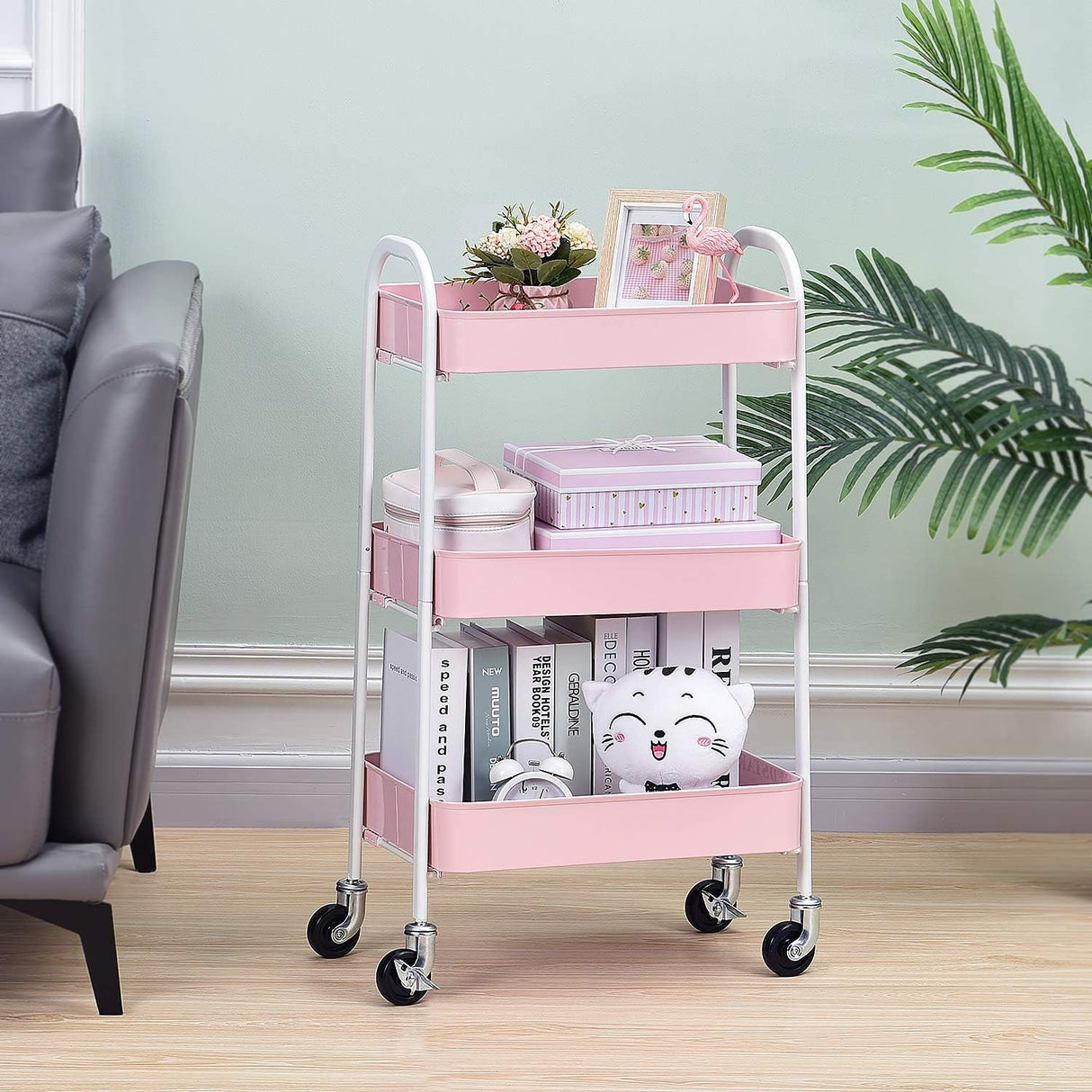 3 Tier Fully Metallic Movable Trolley Storage Rack with Wheels for Kitchen Bathroom Office
