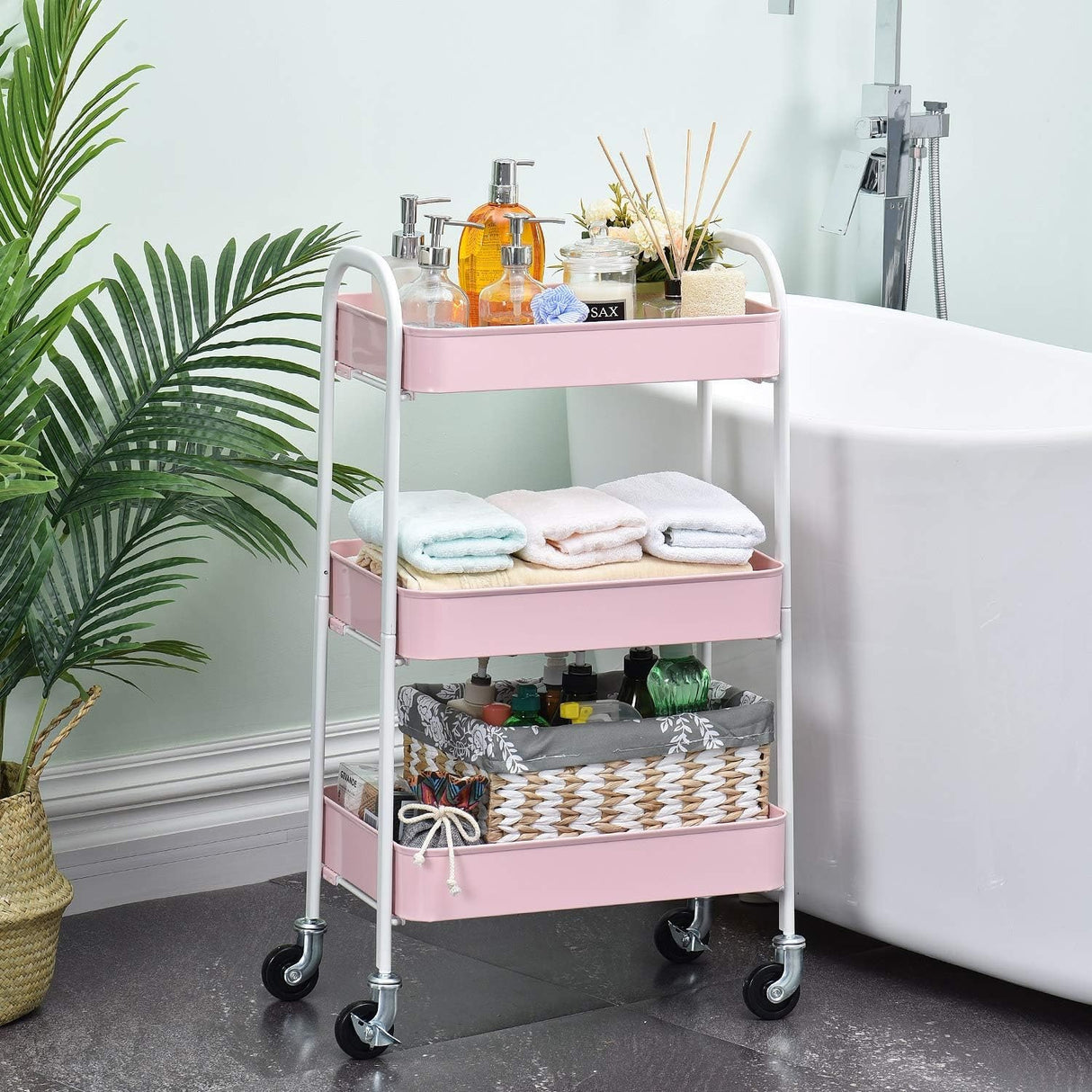 3 Tier Fully Metallic Movable Trolley Storage Rack with Wheels for Kitchen Bathroom Office
