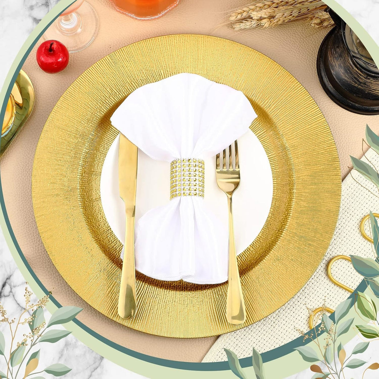 6 Pack Gold Charger Plates for Dinner Plates, 13" Round Plastic Chain Shaped Charger Service Plates, Decorative Chargers Bulk for Table Setting, Wedding, Party, Event