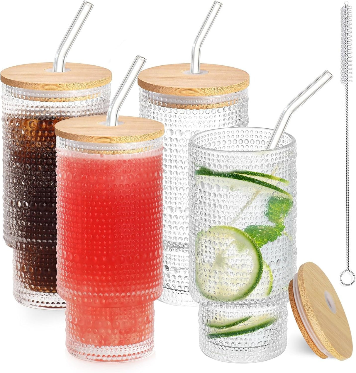 Set of 4 Cocktail Glasses, 350 ml Polka Dot Long Drink Glasses with Lid, Iced Coffee Glasses with 4 Straws / 1 Brush for Water, Cocktails, Juice, Transparent