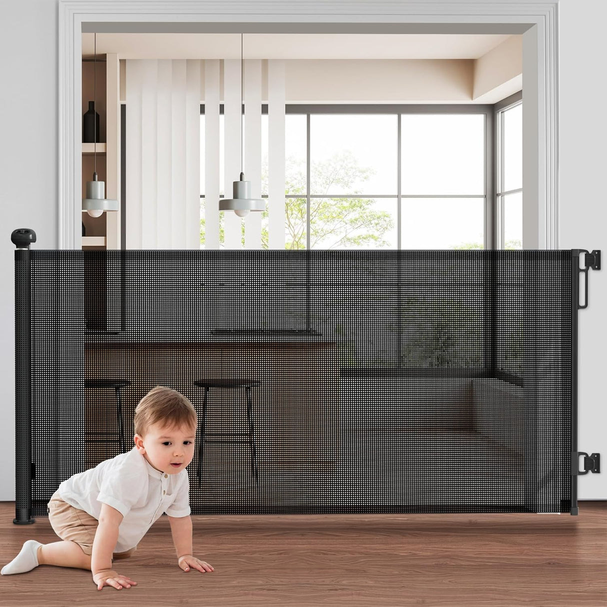 Retractable Baby Gate – 1.4m Extra Wide Mesh Safety Gate for Doorways & Stairs No Drill, Pressure-Mounted Gate for Babies & Pets