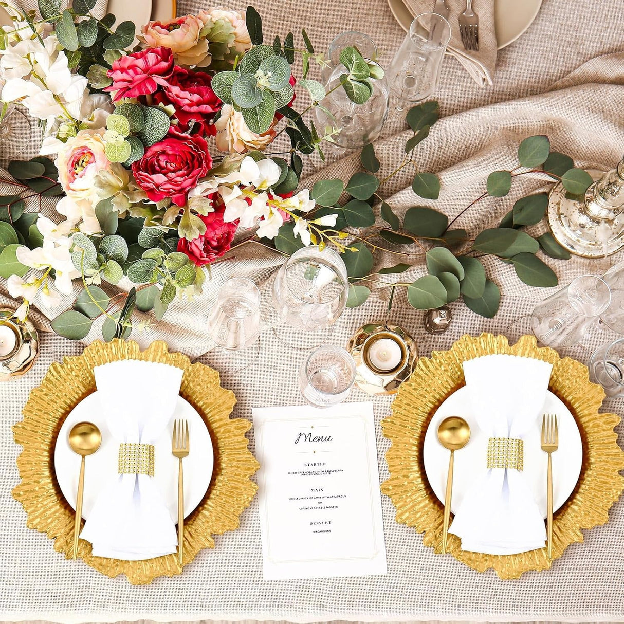 6 Pack Gold Charger Plates for Dinner Plates, 13" Round Plastic Chain Shaped Charger Service Plates, Decorative Chargers Bulk for Table Setting, Wedding, Party, Event