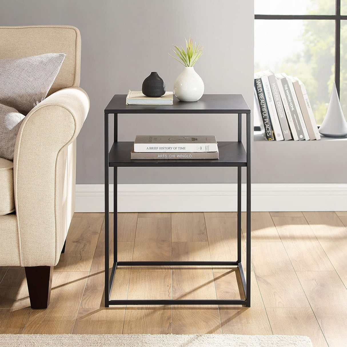 Modern Storage Table 2-Tier Metal Accent Table in Black & White Space-Saving Phone Desk, Bedside Table for Bedroom & Lounge Corner