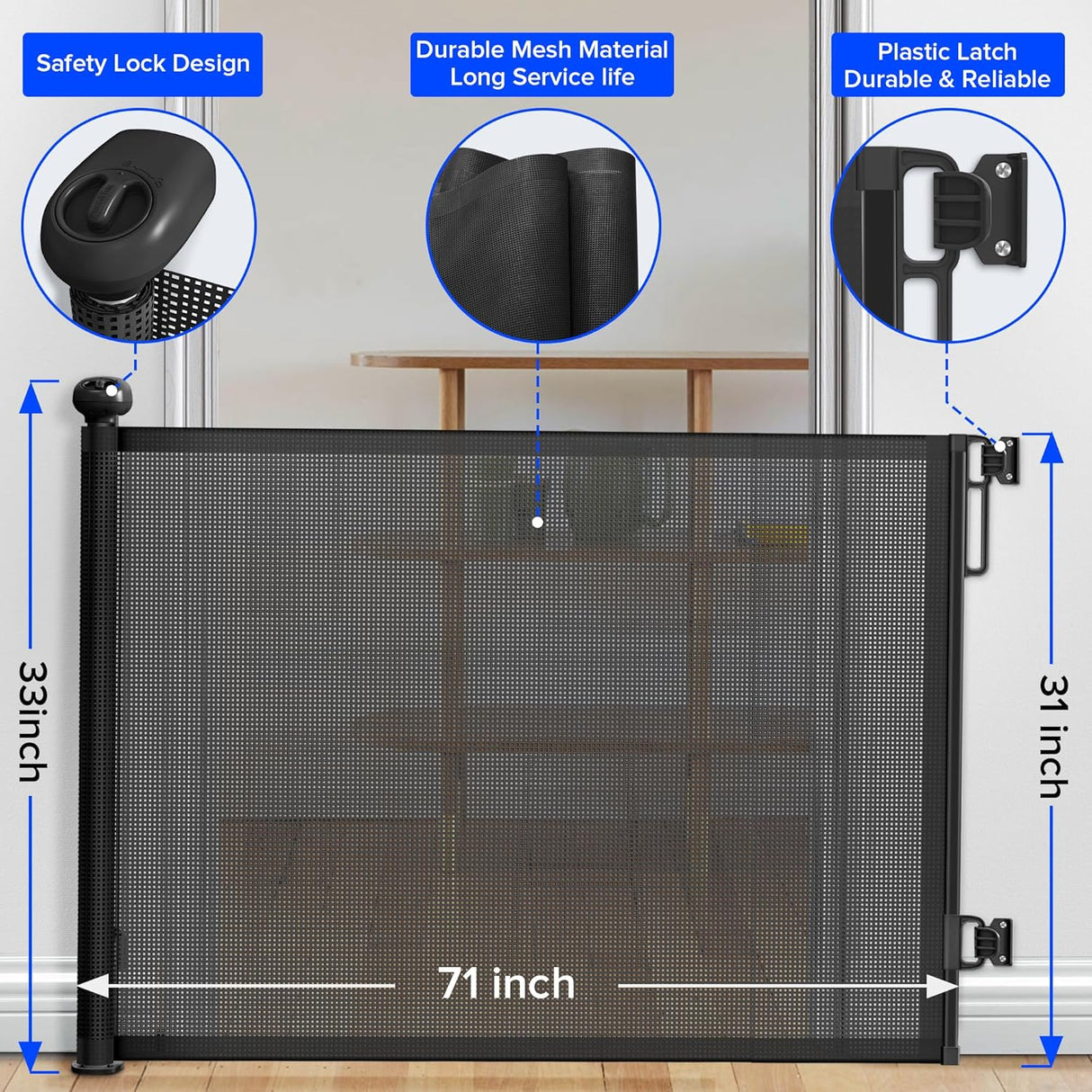 Retractable Baby Gate – 1.4m Extra Wide Mesh Safety Gate for Doorways & Stairs No Drill, Pressure-Mounted Gate for Babies & Pets