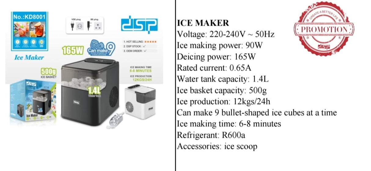 DSP Ice Maker Machine – 12kg/24h Automatic Countertop Ice Maker with 1.4L Tank & 500g Basket – Fast 6-8 Min Ice Cubes for Home, Office & Parties