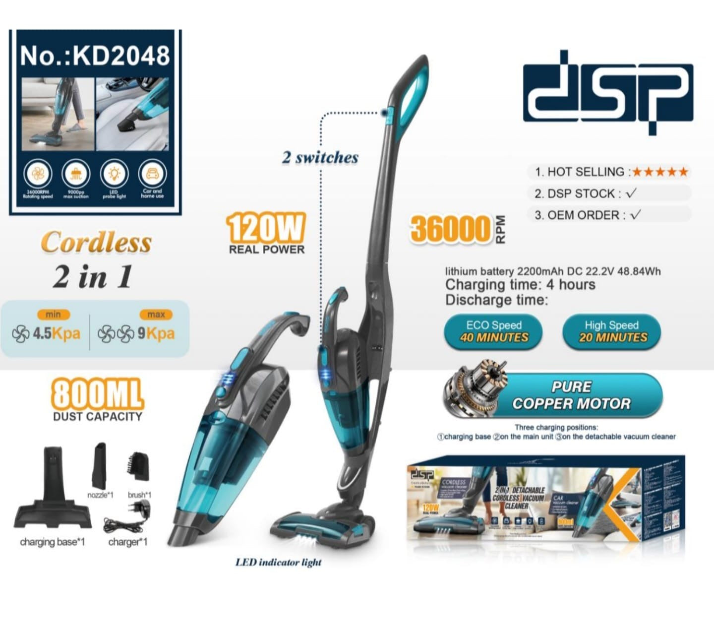 DSP 2 in 1 Cordless Vacuum Cleaner – Detachable Handheld Vacuum for Home & Car, 120W, 800ml Dust Tank