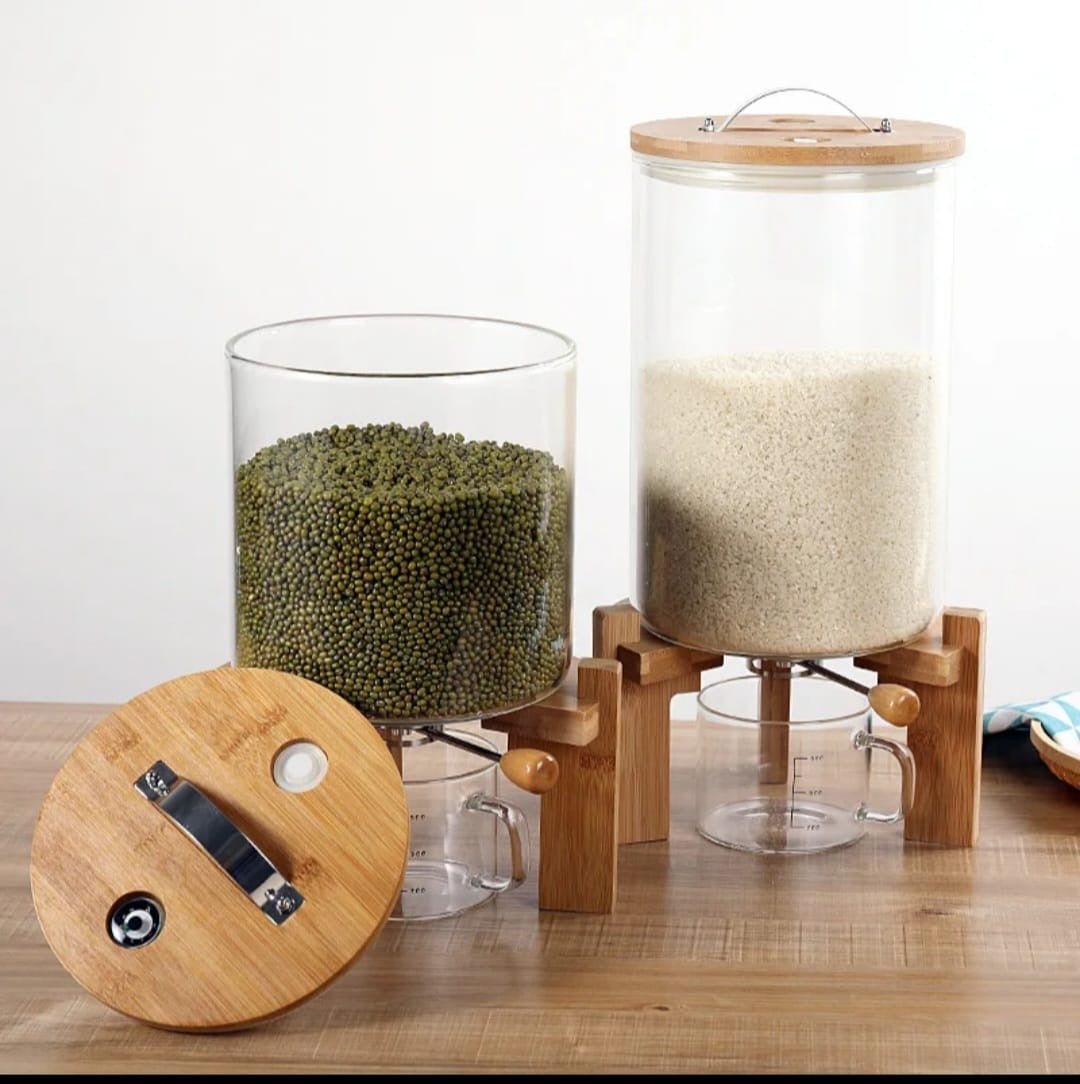 Glass Rice Dispenser, Cereal Container with Bamboo Stand, Large Airtight Food Storage Bin, Rice Organization Tank with Measuring Cup for Grain Coffee Beans Dry Food