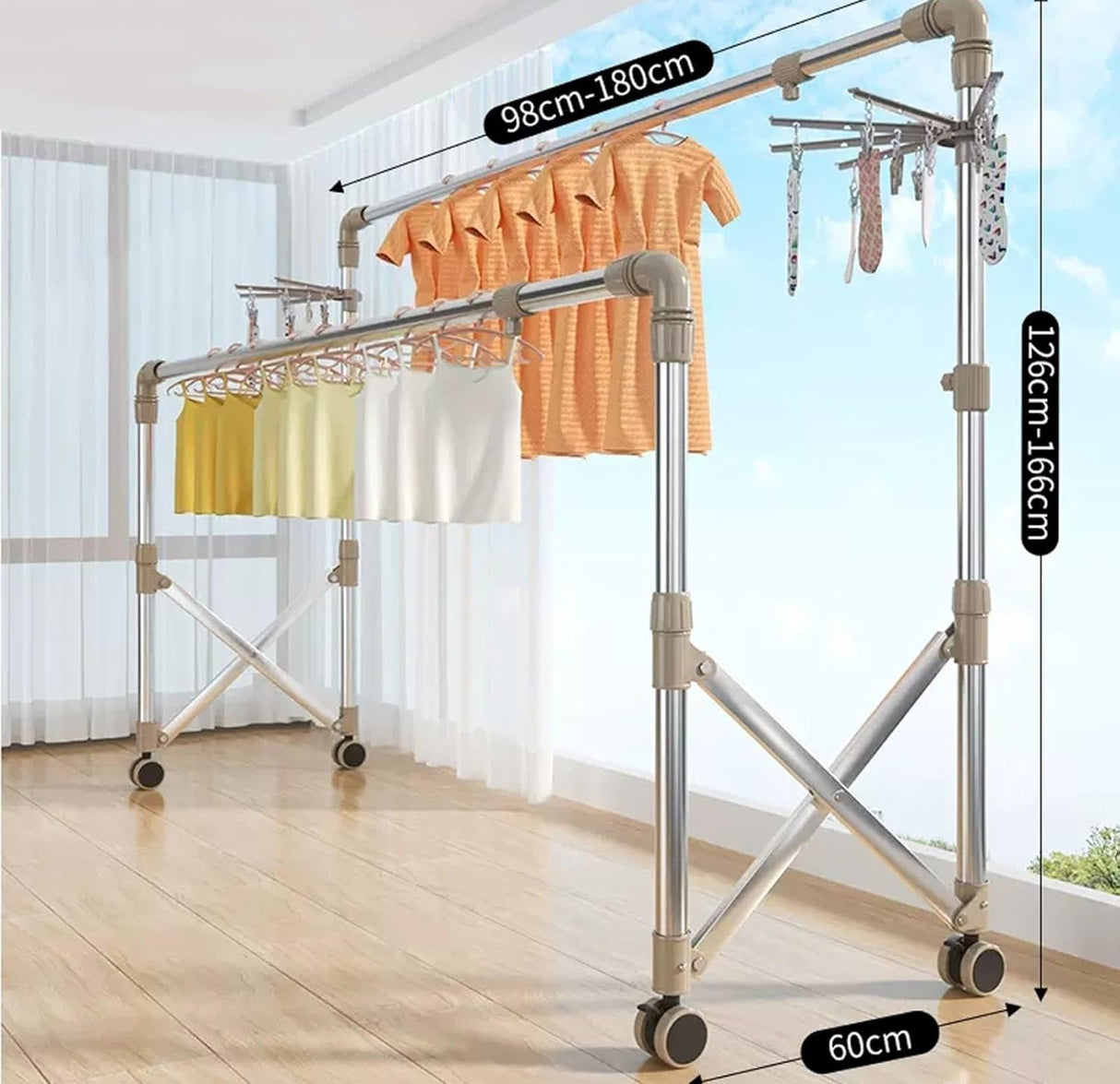 Stainless Steel Laundry Drying Rack With Castors, Extendable Clothing Dryer Rack, Foldable Portable Space Saving Clothes Drying Rack,,With Sock Tray Holder,Double Pole Drying Rack