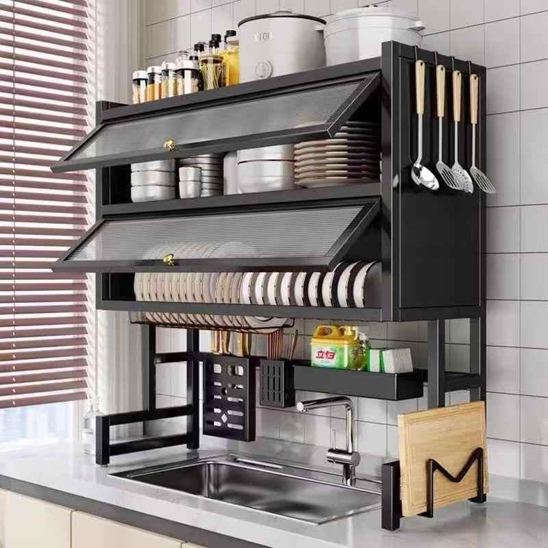 3-Tier Over The Sink Dish Drying Rack & Countertop Organizer Kenya | Over Sink Dish Rack with Flip Cover Doors, Adjustable Metal Kitchen Rack, Cupboard Storage Dish Rack, Dish Drainer with Drainage, Multifunctional Kitchen Storage Rack