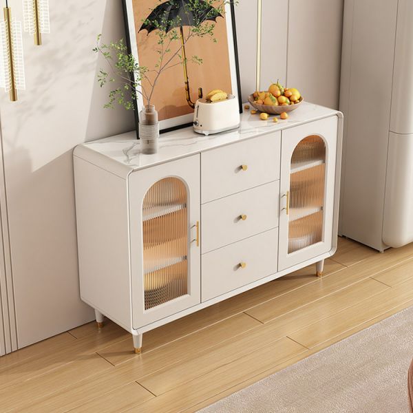 Modern Wood & Stone Buffet Console Table with Glass Doors – Luxury Entryway Cabinet | Kenya