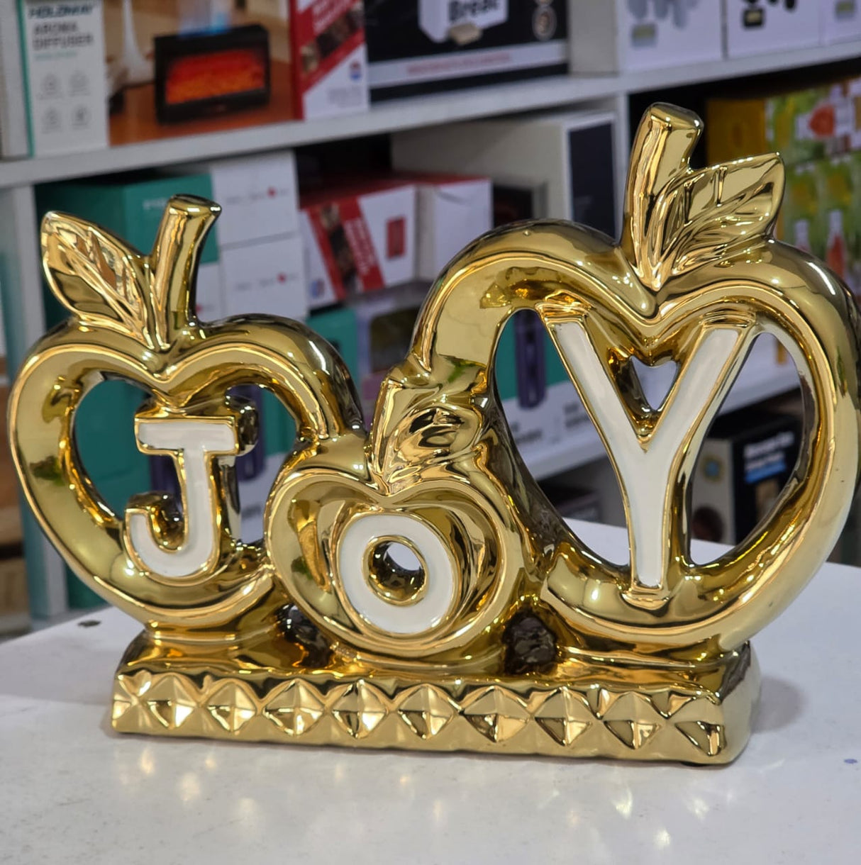 Golden "JOY" Apple-Themed Tabletop décor