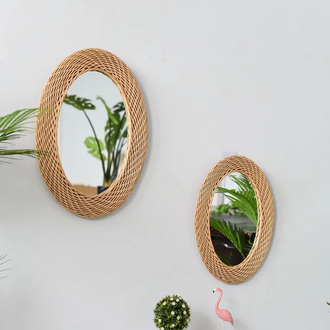Big Size Modern Oval Rattan Bamboo Decorative Mirror