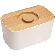 Joseph Joseph white melamine bread bin with beech wood lid, shown closed.