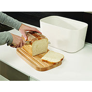 Further view of the Joseph Joseph melamine bread bin in white with beech wood lid.