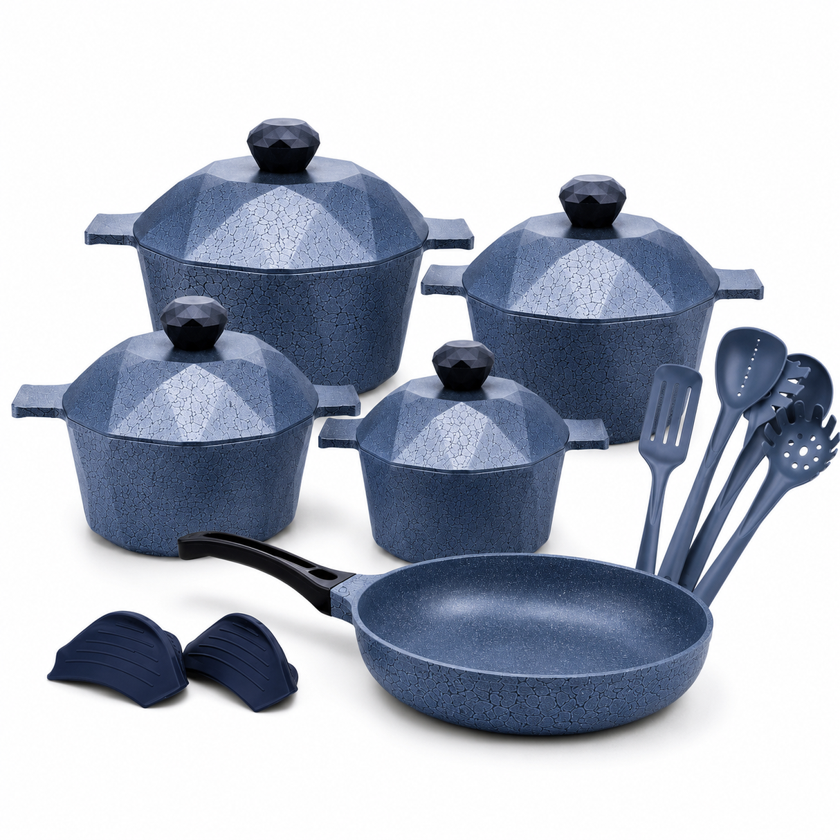 Signature 15-Piece Die-Cast Aluminium Cookware Set – Blue Grey Stone Finish (20-30cm)