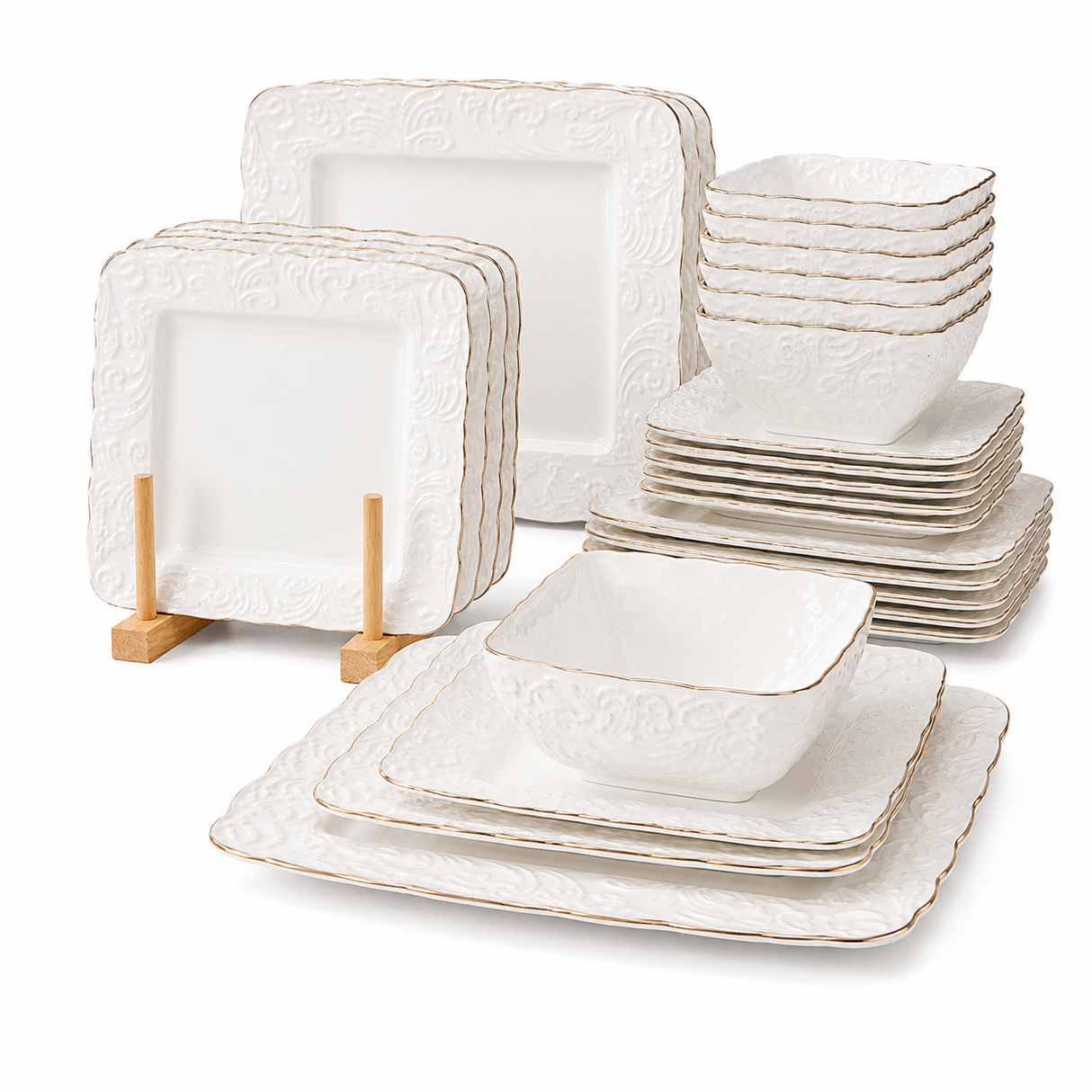 24-Piece White Embossed Porcelain Dinner Set with Gold Trim – Square Design