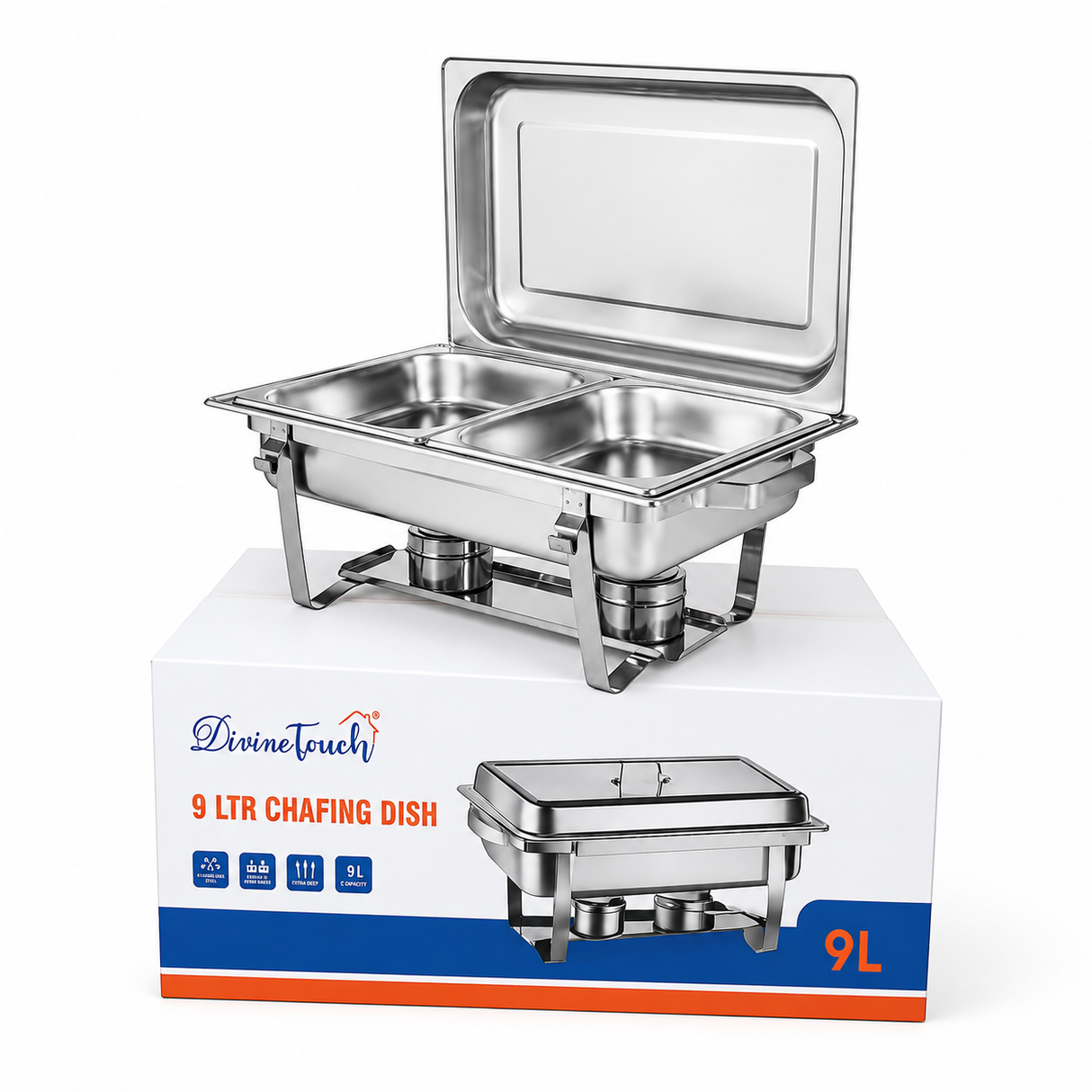 Divine Touch 902 Double Stainless Steel Extra Deep Cheffing Dish with Fix Stand