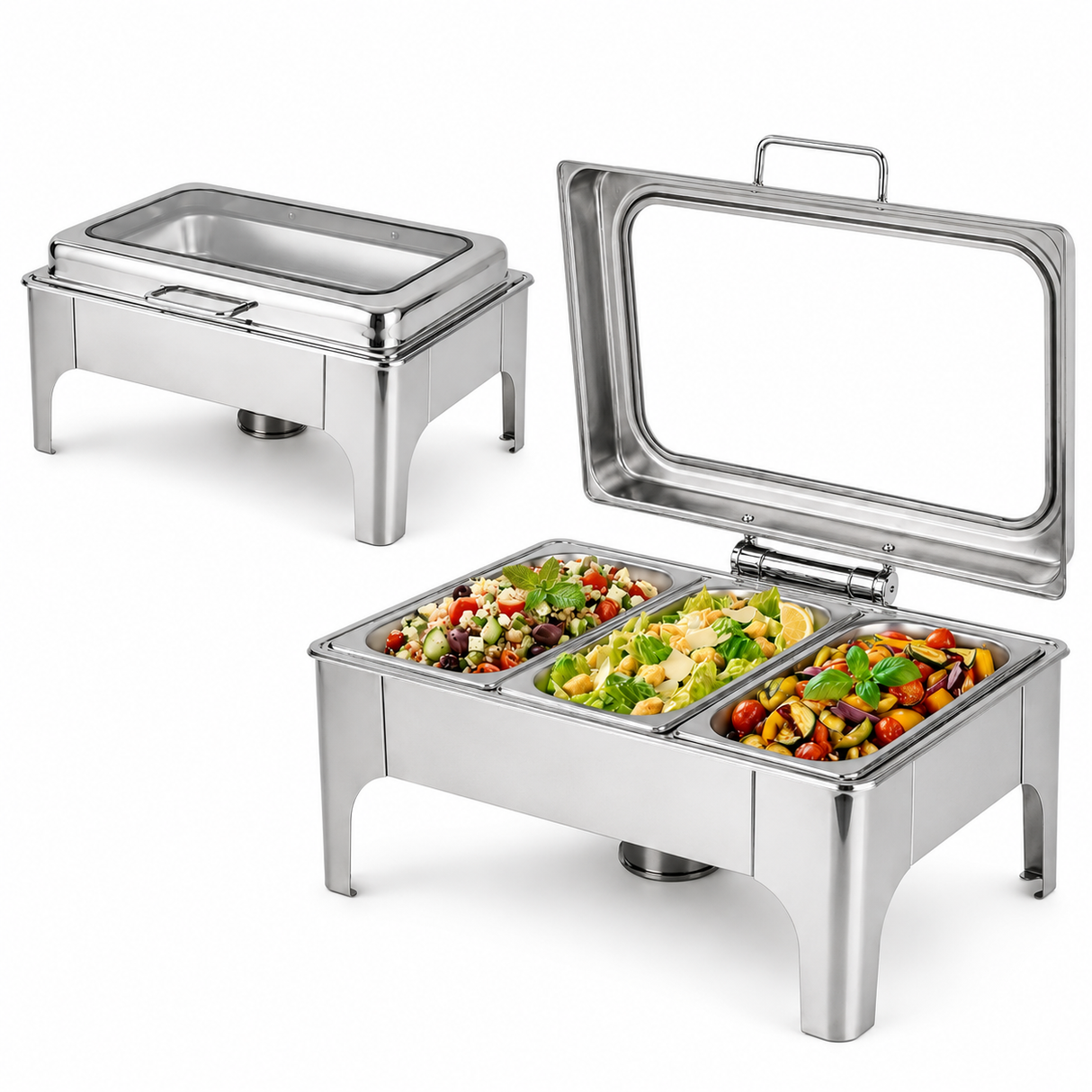 Divine Touch Triple 9L Stainless Steel Rectangular Hydraulic Chafing Dish with Visible Glass Lid