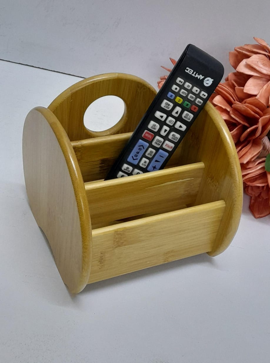 Classic Elegant Bamboo Desktop Remote Organizer Natural Wood TV & Remote Control Holder for Living Room & Bedroom