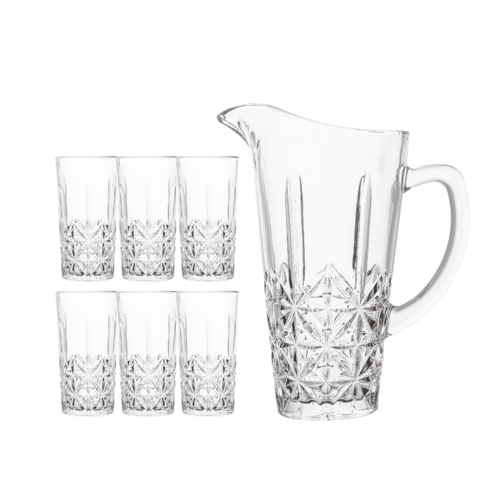 Elegant Crystle Pitcher Drinkware Set w 6 Highball Tumblers, Beautiful Jug with Lid, Handle & Spout for Chilled Beverage Homemade Juice, Iced Tea or Water (7 pc set)