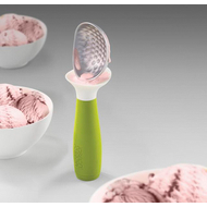 Joseph Joseph Dimple ice-cream scoop in green with weighted handle, third product view.