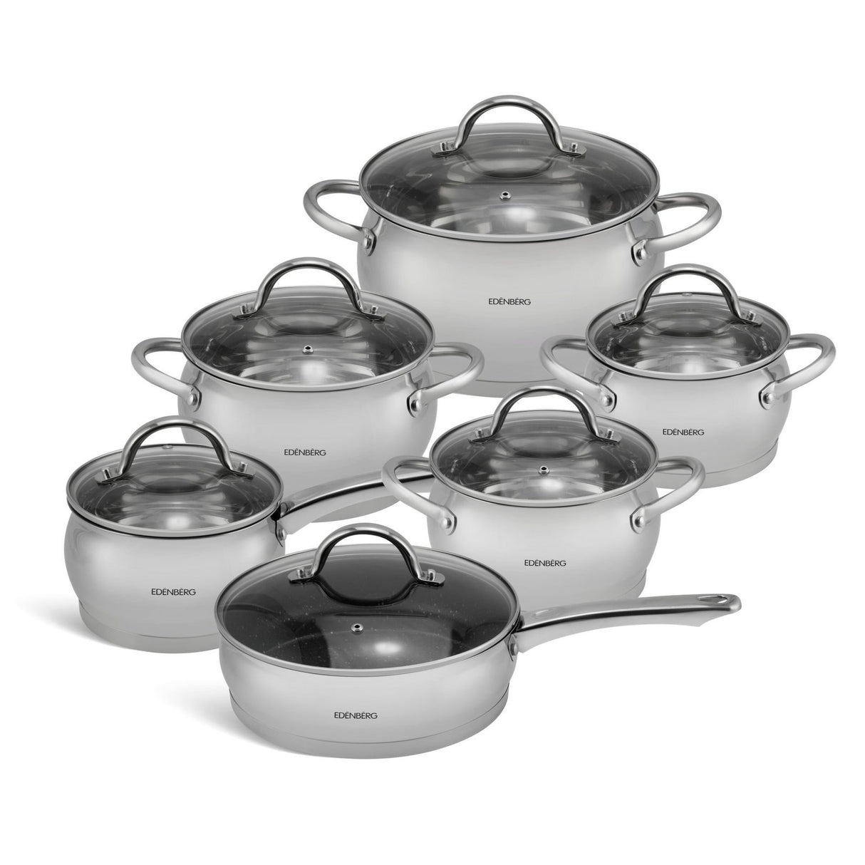 Edenberg 12-Piece Stainless Steel Cookware Set with Glass Lids (16–24cm) | Induction Ready