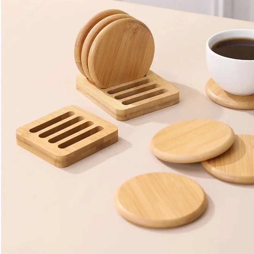 Eco friendly Heavy Duty Bamboo Coasters 6pcs + 1Holder Rack