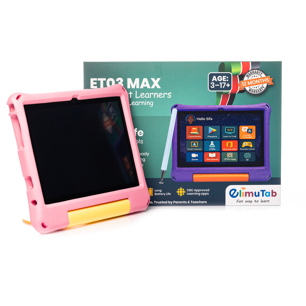 Elimutab ET03 Pro Kids Tablet 10.1 Inch 32GB | CBC Learning Tablet in Puffed Stand Case, 4G SIM, Ages 3 to 17