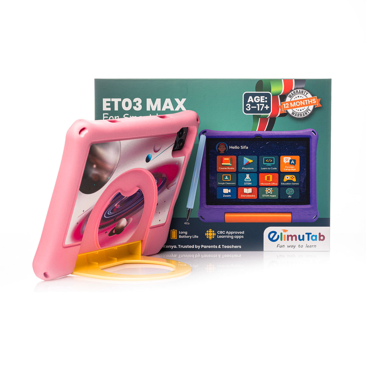 Elimutab ET03 Pro Kids Tablet 10.1 Inch 32GB | CBC Learning Tablet in Puffed Stand Case, 4G SIM, Ages 3 to 17