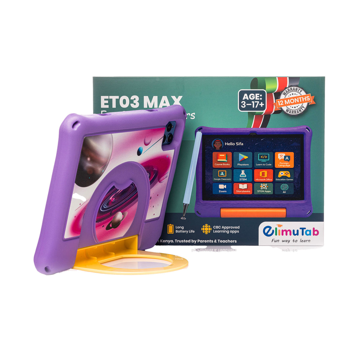 Elimutab ET03 Pro Kids Tablet 10.1 Inch 32GB | CBC Learning Tablet in Puffed Stand Case, 4G SIM, Ages 3 to 17