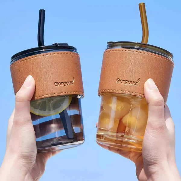 Glass cup with Leather Protective Sleeve