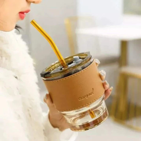 Glass cup with Leather Protective Sleeve