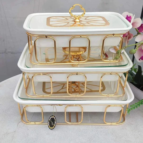 Elegant 3pcs food warmers with a golden stand