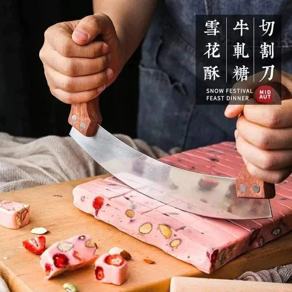 Stainless steel pizza cutter with wooden grip handle