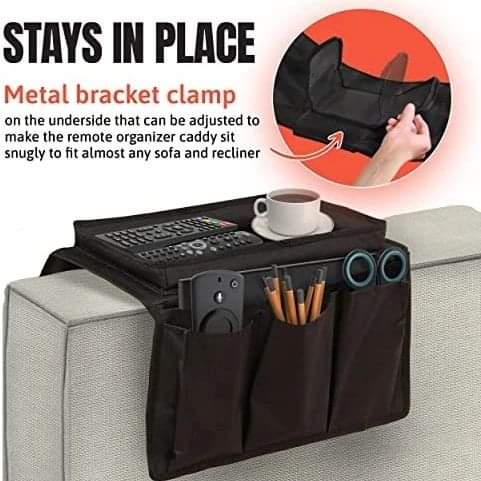 Couch arm rest organizer with top tray and pockets