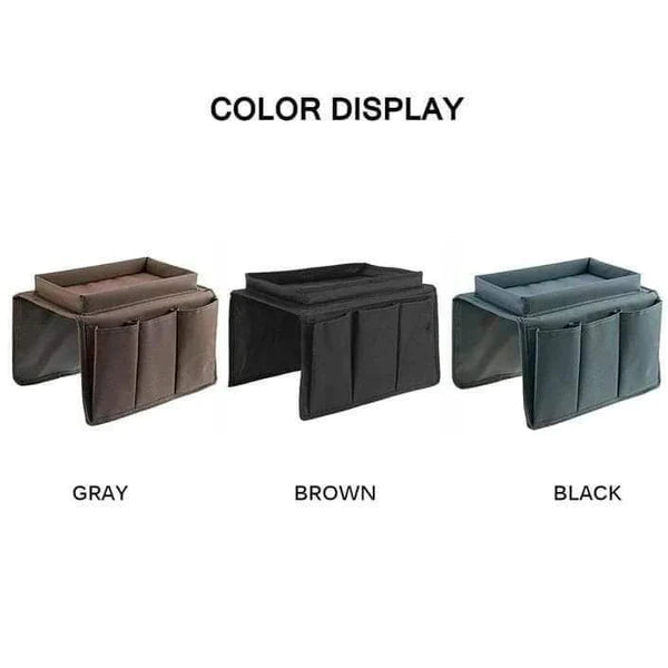 Couch arm rest organizer with top tray and pockets