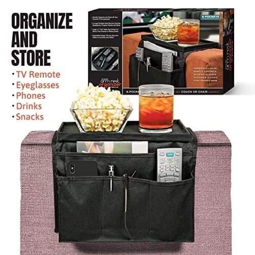 Couch arm rest organizer with top tray and pockets