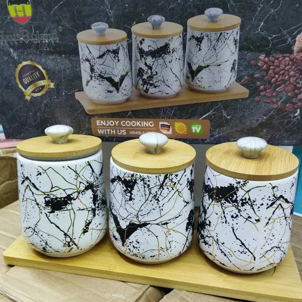 Classy ceramic seasoning canister set with a tray