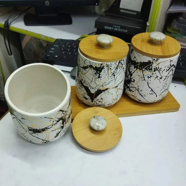 Classy ceramic seasoning canister set with a tray