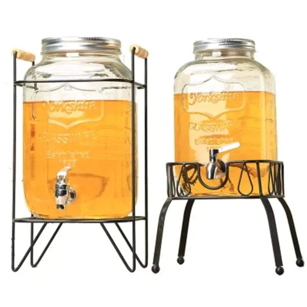 Glass beverage barrel with tap + metallic stand