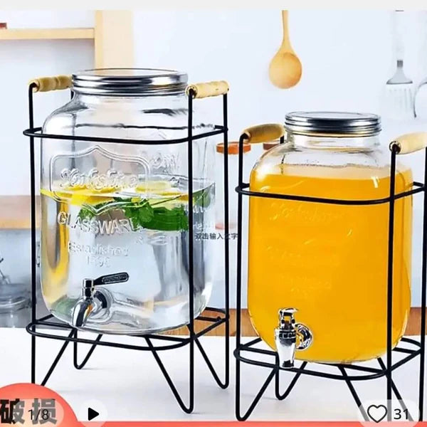 Glass beverage barrel with tap + metallic stand