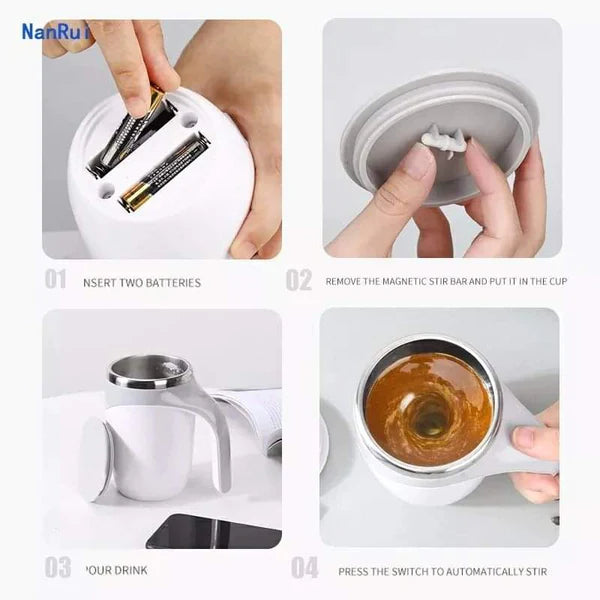 Battery operated self stirring cup