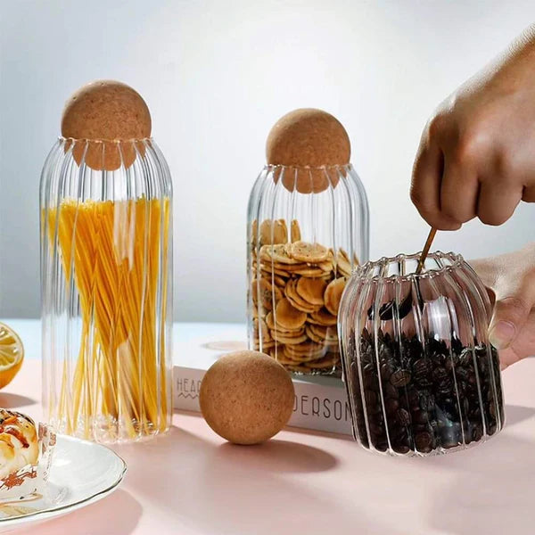 Bar-Shaped Open Ball Cork Transparent Jar with Bamboo Lid