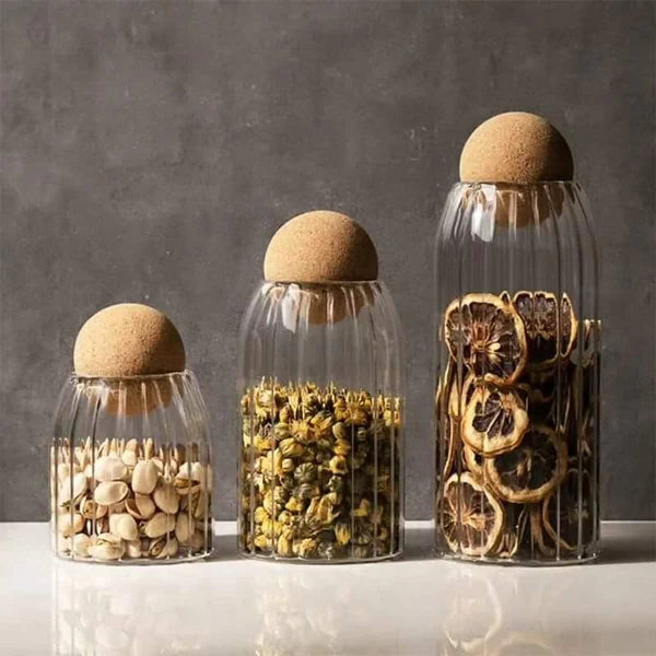 Bar-Shaped Open Ball Cork Transparent Jar with Bamboo Lid