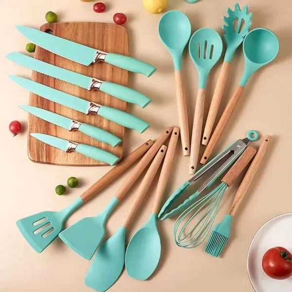 19-Piece Cooking Utensil & Silicone Knife Spoon Set All in One Kitchen Starter Kit