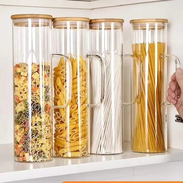 2 Pcs Glass Spaghetti Jar with Bamboo lid and Handle