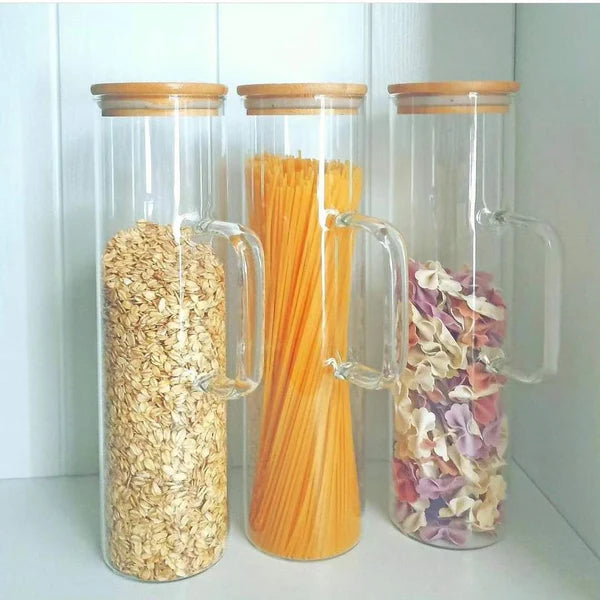 2 Pcs Glass Spaghetti Jar with Bamboo lid and Handle