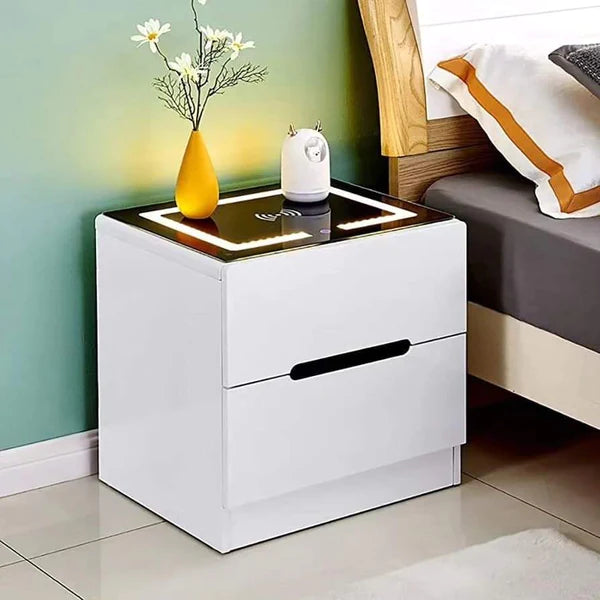 Wooden Bedside Drawer with LED Lighting Glass Top