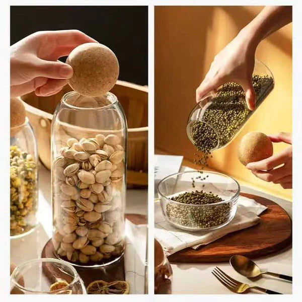 Open ball cork transparent jar with bamboo lid